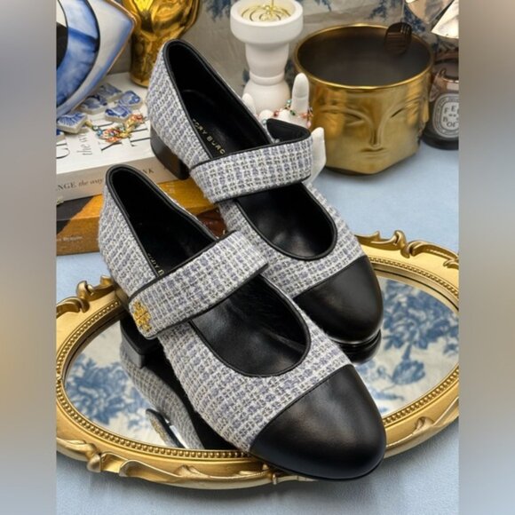 🆕 TORY BURCH 🧿 NWOB Mary Jane Heeled Ballet Flat, Blue Tweed, Sz 6.5 *SAMPLE* - Picture 6 of 16